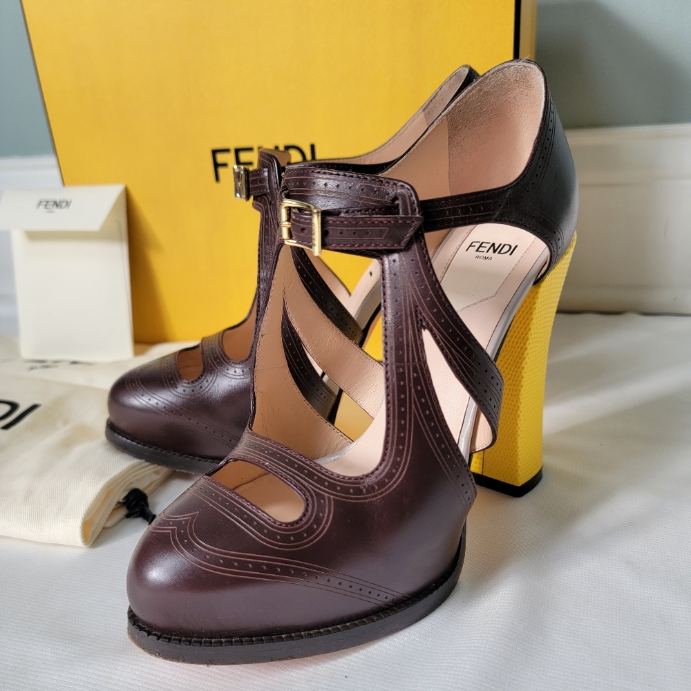 FENDI Chameleon Brown Leather Yellow Heel Mary Jane Platform Shoes - Picture 4 of 9